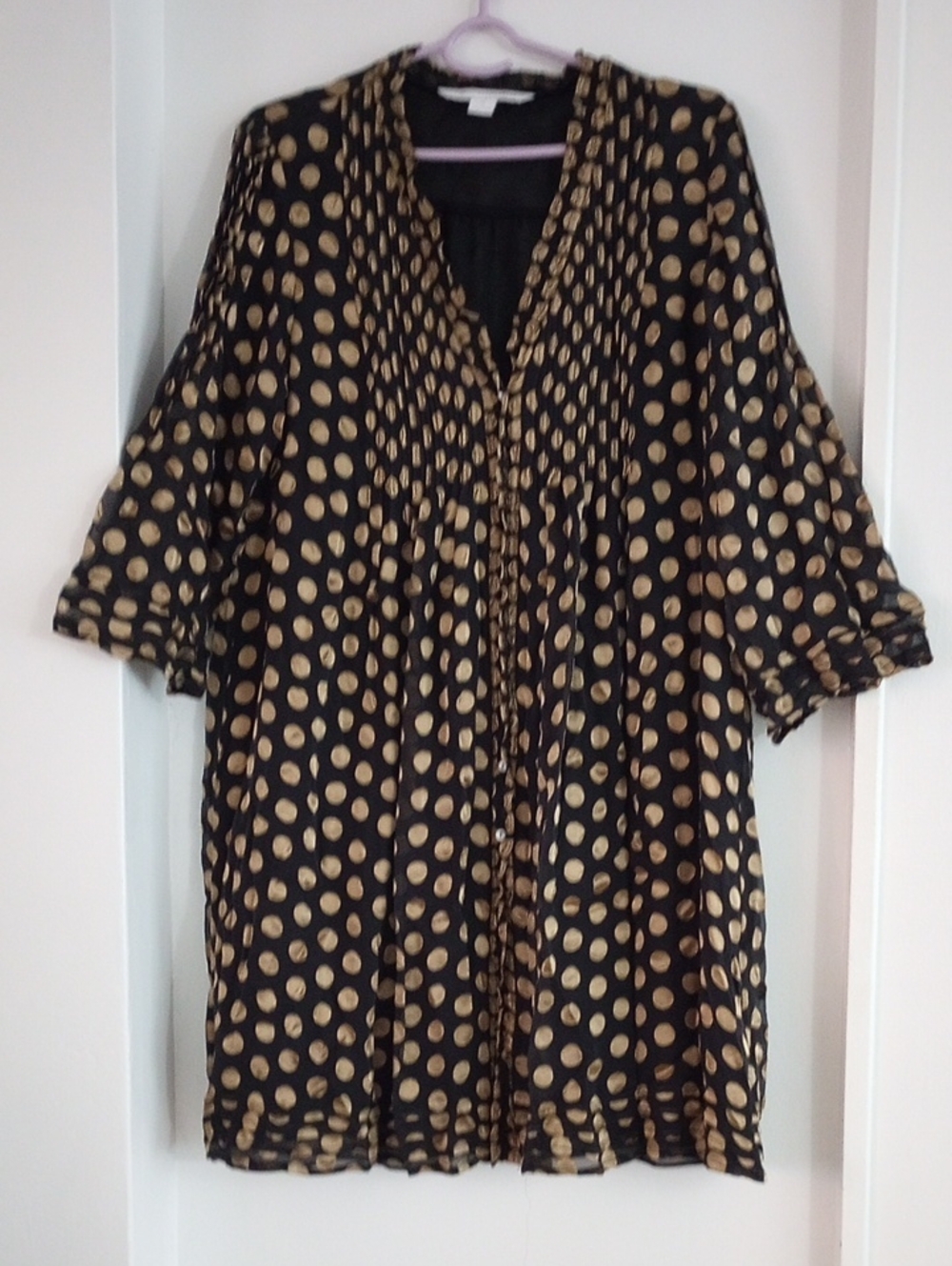 Diane Von Furstenberg Silk Blend Black Gold Polka Dots Dress Size 10